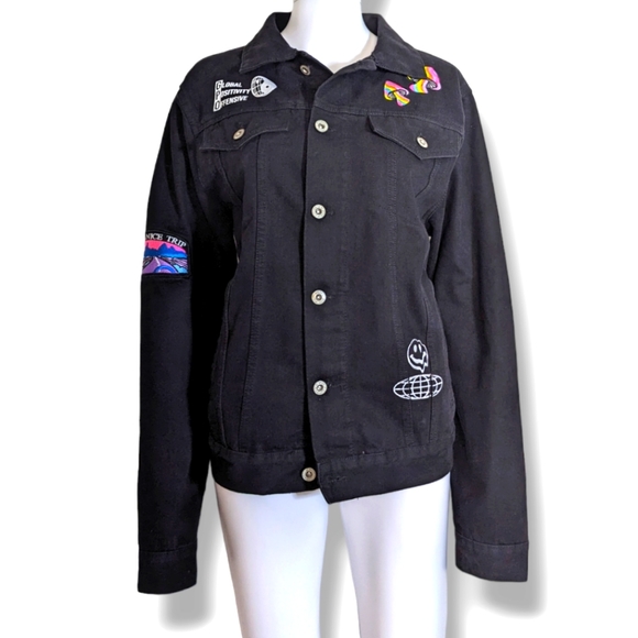 Brooklyn Cloth | "Have a Nice Trip" Patch Work Black Denim Jacket Men's Size M - Picture 3 of 5